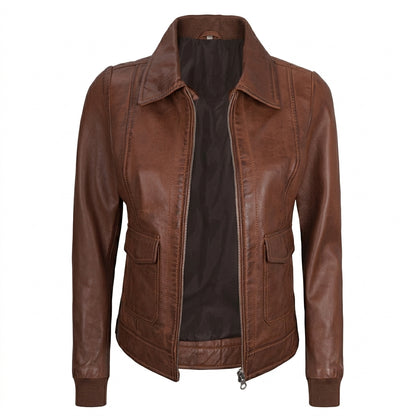 Women's lightweight brown harrington leather jacket front view showing pointed collar and front zipper.