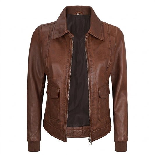 Women's lightweight brown harrington leather jacket front view showing pointed collar and front zipper.