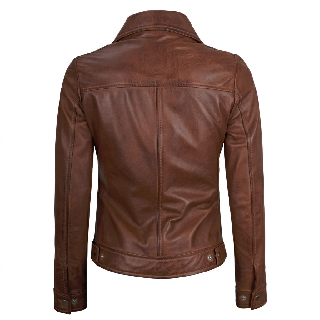 Women's lightweight brown harrington leather jacket front view showing pointed collar and front zipper.