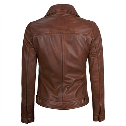 Women's lightweight brown harrington leather jacket front view showing pointed collar and front zipper.