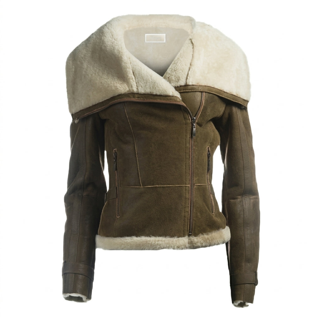 Women's olive green shearling leather jacket front view showing contrast shearling lapel, asymmetric zipper, and soft leather finish.