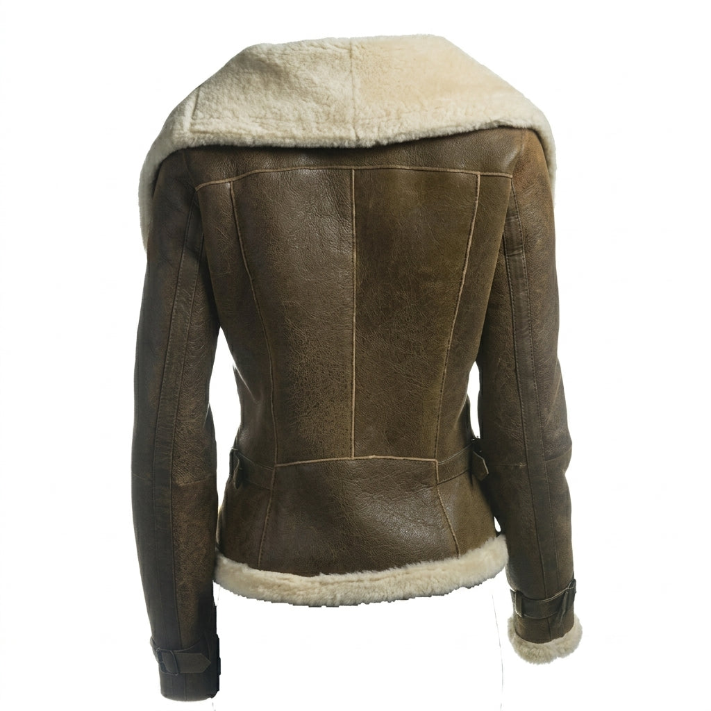 Women's olive green shearling leather jacket front view showing contrast shearling lapel, asymmetric zipper, and soft leather finish.
