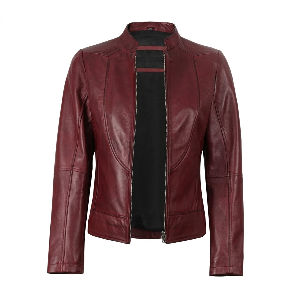 Women's slim fit burgundy leather jacket front view showing mandarin collar and full front zipper.