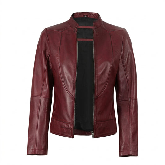 Women's slim fit burgundy leather jacket front view showing mandarin collar and full front zipper.