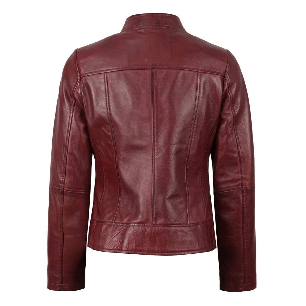 Women's slim fit burgundy leather jacket front view showing mandarin collar and full front zipper.
