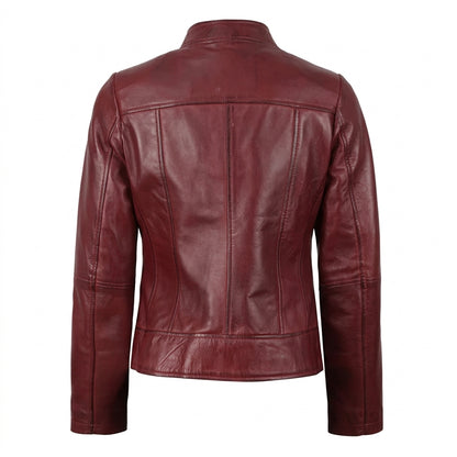 Women's slim fit burgundy leather jacket front view showing mandarin collar and full front zipper.