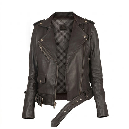 Women's Alison brown biker jacket front view showing asymmetrical zipper, waist belt, and plaid inner lining.