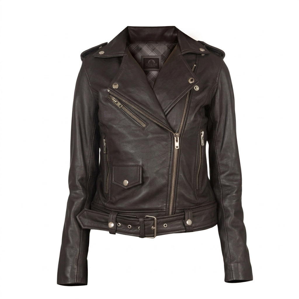 Women's Alison brown biker jacket front view showing asymmetrical zipper, waist belt, and plaid inner lining.