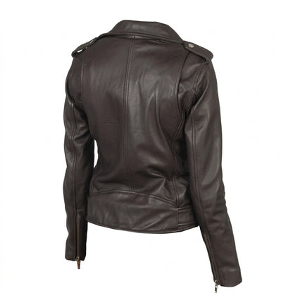 Women's Alison brown biker jacket front view showing asymmetrical zipper, waist belt, and plaid inner lining.