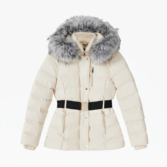 Women’s Beige Puffer Jacket with Fur Hood