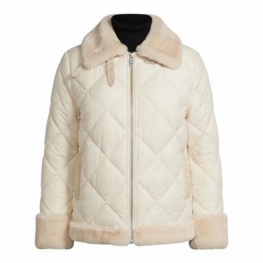 Women’s Beige Shearling Leather Puffer Jacket