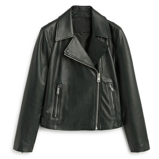 Women’s Black Leather Jacket with asymmetrical zip and notched collar