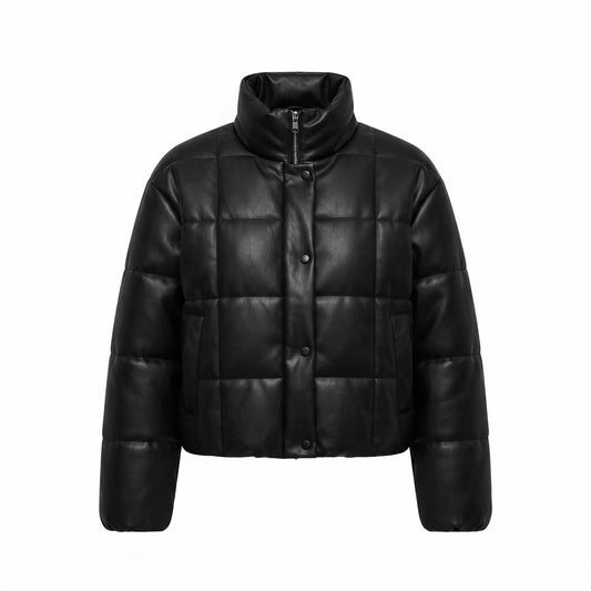 Women’s Black Leather Puffer Jacket
