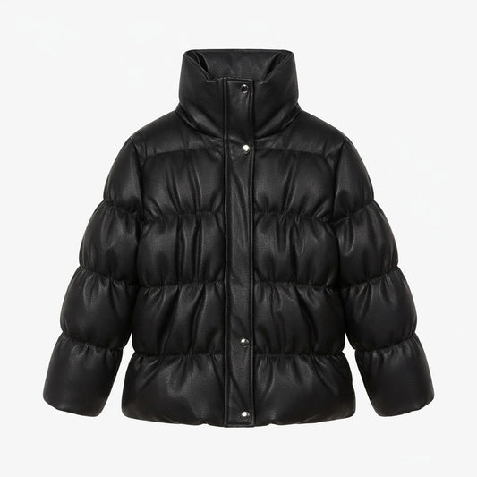 Women’s Black Leather Puffer Jacket