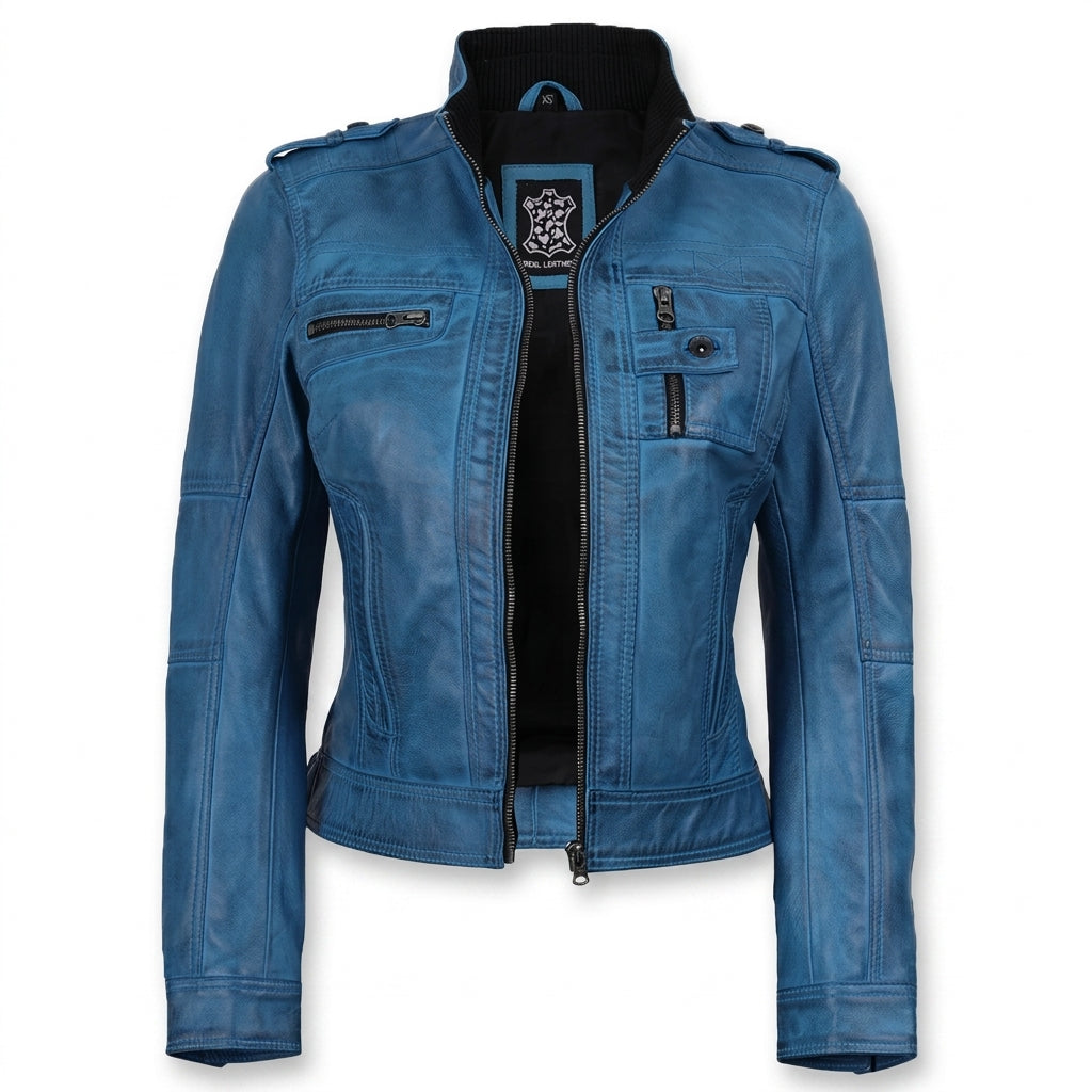 Women's blue waxed lambskin leather biker jacket front view showing ribbed collar and zipper pockets.