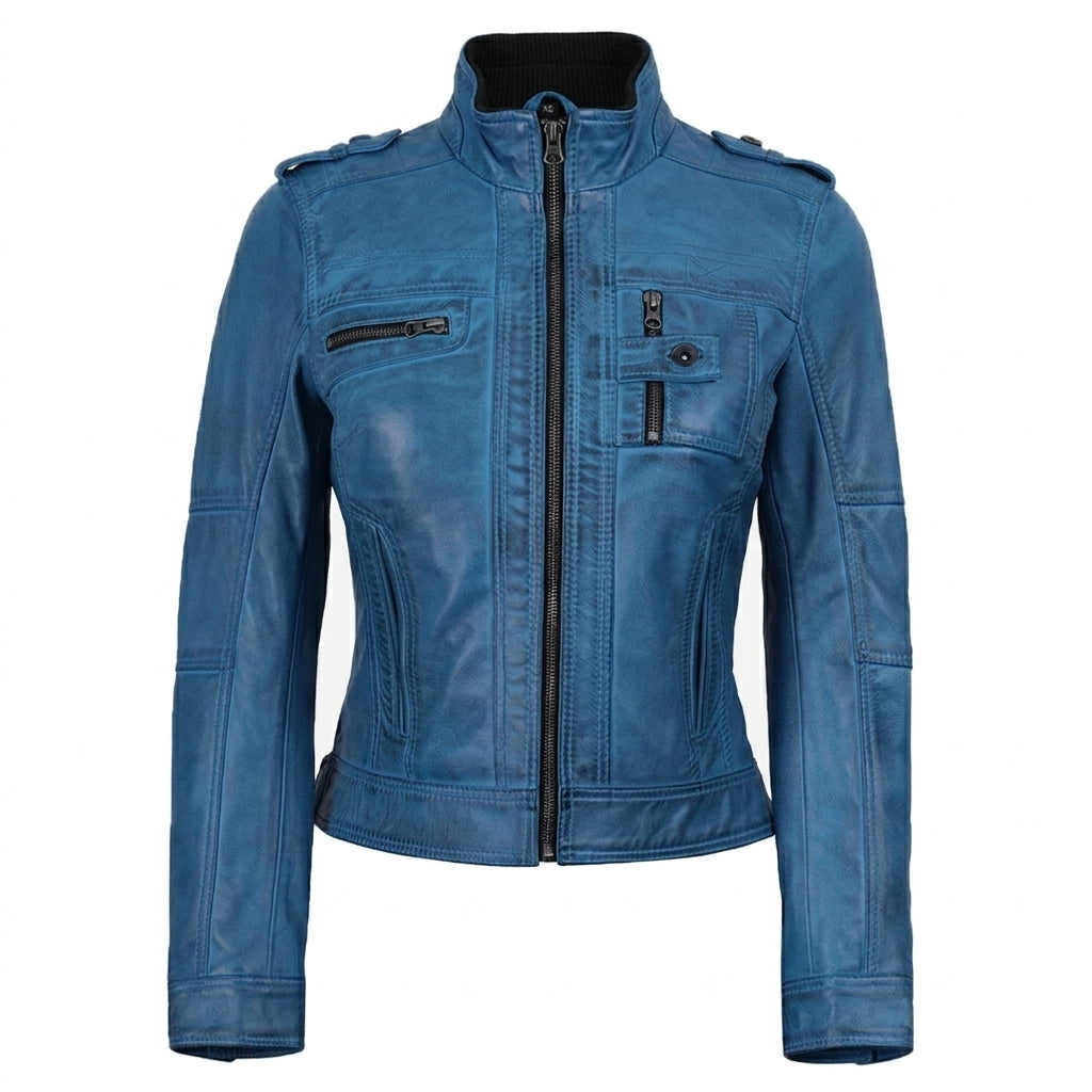 Women's blue waxed lambskin leather biker jacket front view showing ribbed collar and zipper pockets.