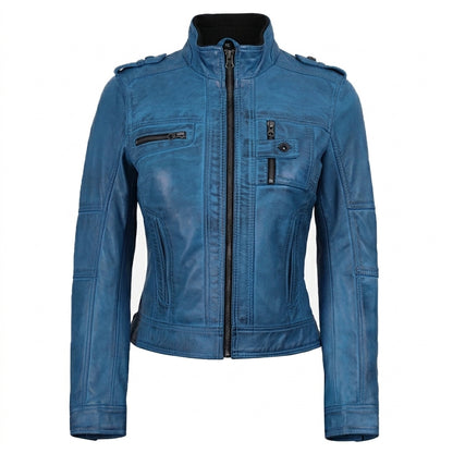 Women's blue waxed lambskin leather biker jacket front view showing ribbed collar and zipper pockets.