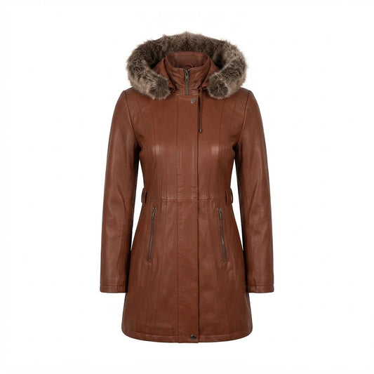 Women’s Brown Leather Shearling Hooded Coat