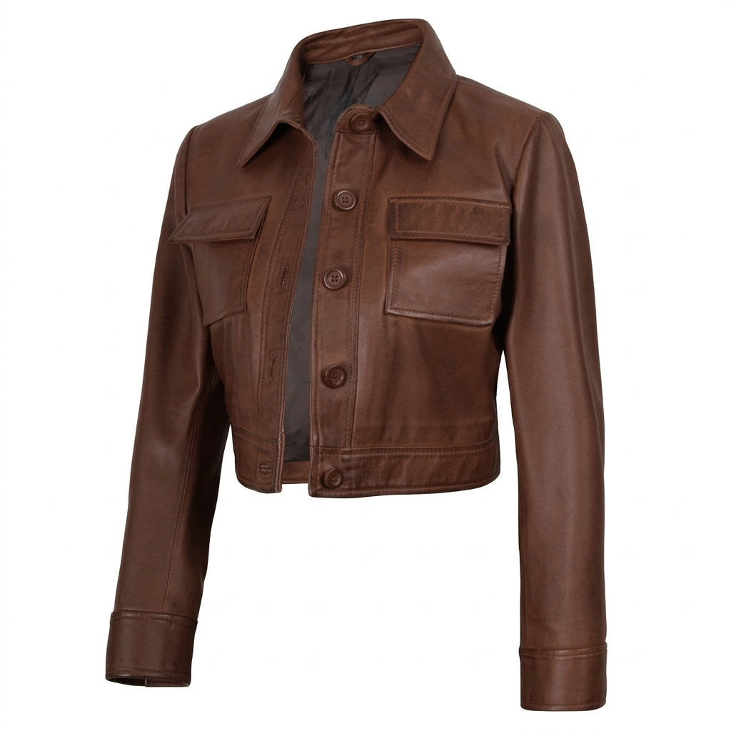 Women's cropped brown leather trucker jacket front view showing button-down closure and chest flap pockets.