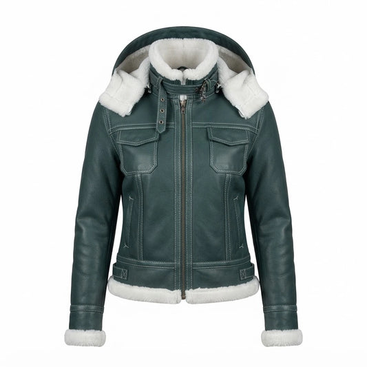 Women’s Fiona Green Hooded Shearling Leather Jacket