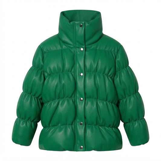 Women’s Jade Green Leather Puffer Jacket
