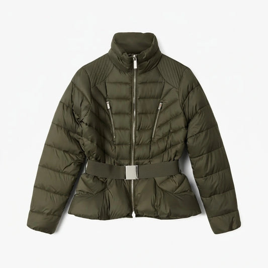 Women’s Khaki Green Belted Puffer Jacket