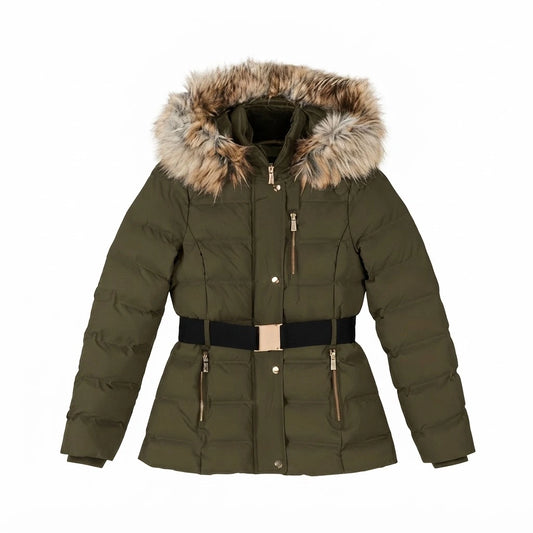Women’s Khaki Green Puffer Jacket with Fur Hood