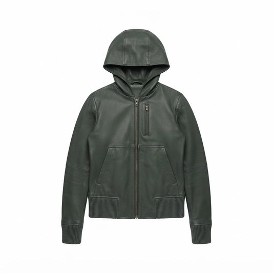 Women’s Luna Green Hooded Leather Bomber Jacket