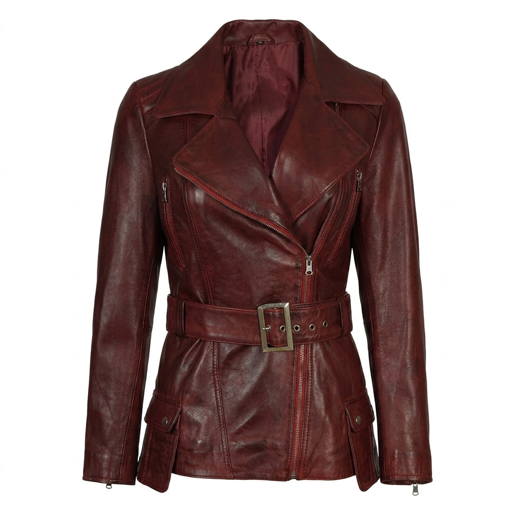 Women's maroon asymmetrical belted leather biker jacket front view showing metal buckle and zippers.