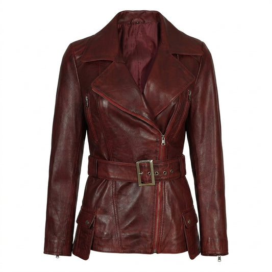 Women's maroon asymmetrical belted leather biker jacket front view showing metal buckle and zippers.