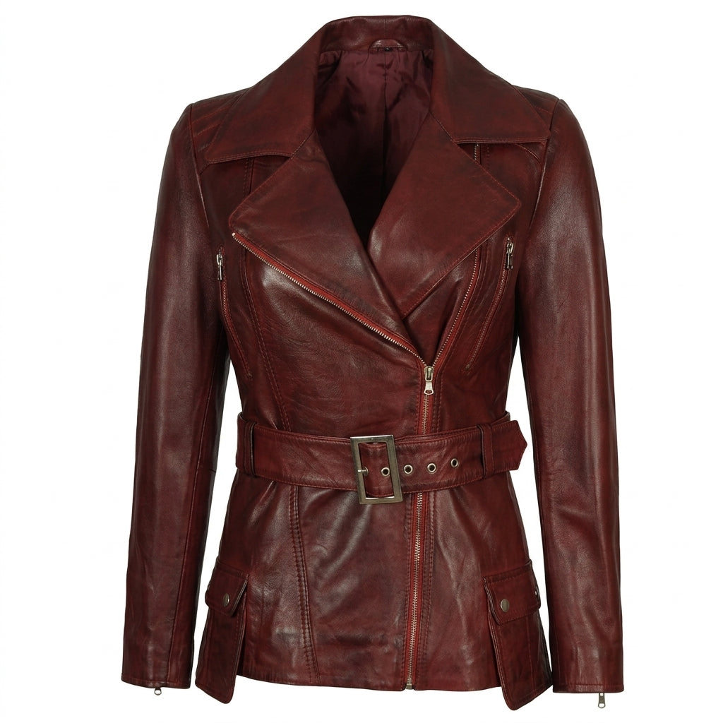 Women's maroon asymmetrical belted leather biker jacket front view showing metal buckle and zippers.