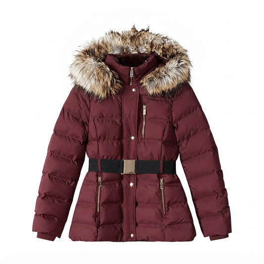 Women’s Ox Red Puffer Jacket with Fur Collar