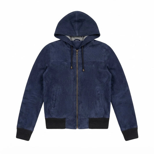 Women’s Rebella Blue Hooded Suede Bomber Jac