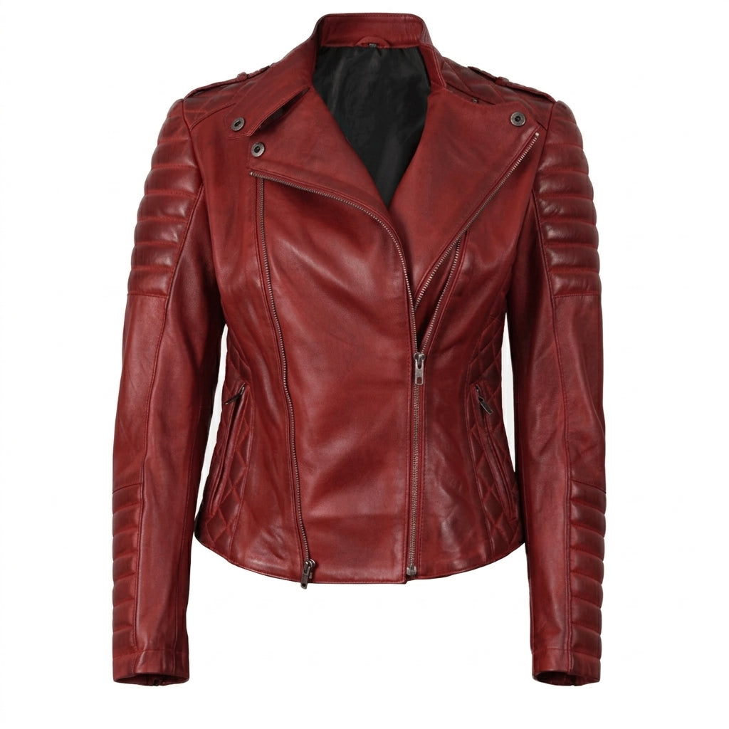 Women's red asymmetrical padded leather biker jacket front view showing quilted shoulder details and asymmetric zipper.