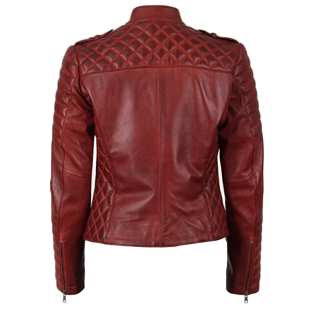 Women's red asymmetrical padded leather biker jacket front view showing quilted shoulder details and asymmetric zipper.