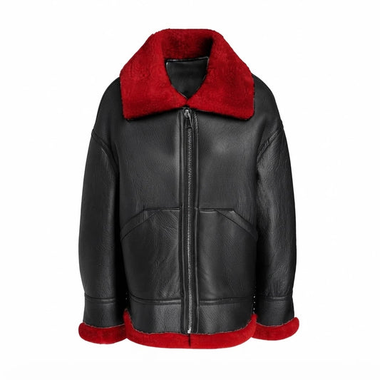 Women’s Red Aviator Pilot Shearling Jacket