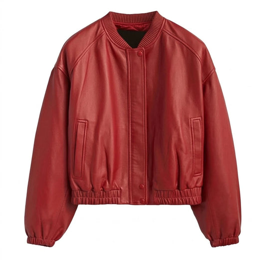 Women’s Red Leather Bomber Jacket