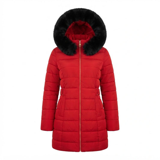 Women’s Red Winter Coat with Fur Hood