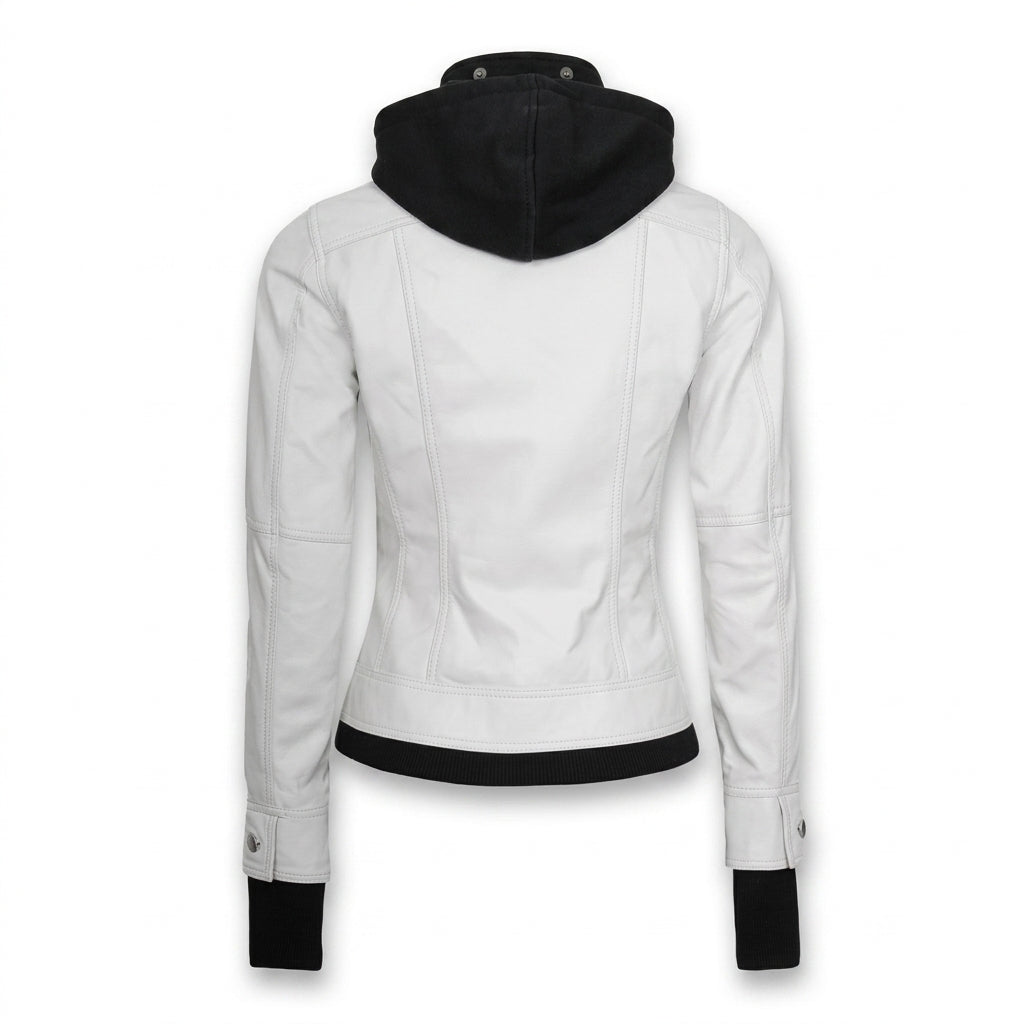 Women's white leather jacket with removable hood front view showing contrast black hood and chest pockets.