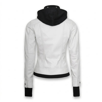 Women's white leather jacket with removable hood front view showing contrast black hood and chest pockets.