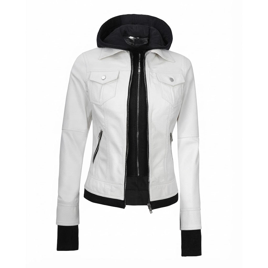 Women's white leather jacket with removable hood front view showing contrast black hood and chest pockets.