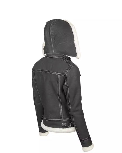 Women’s Black Hooded Shearling Leather Jacket
