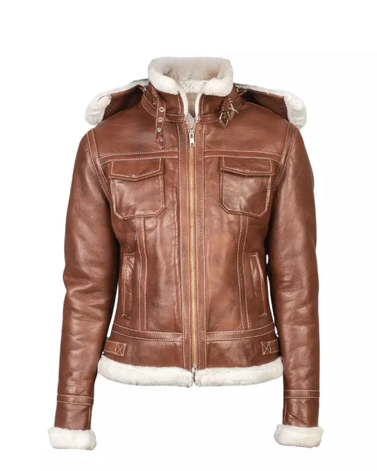 Women’s Brown Hooded Shearling Leather Jacket