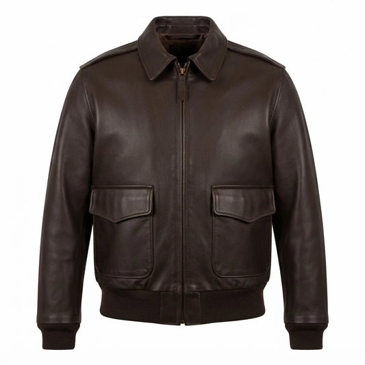 A2 Flight Aviator Military Bomber Leather Jacket front view featuring seal brown genuine leather, snap collar, and patch pockets
