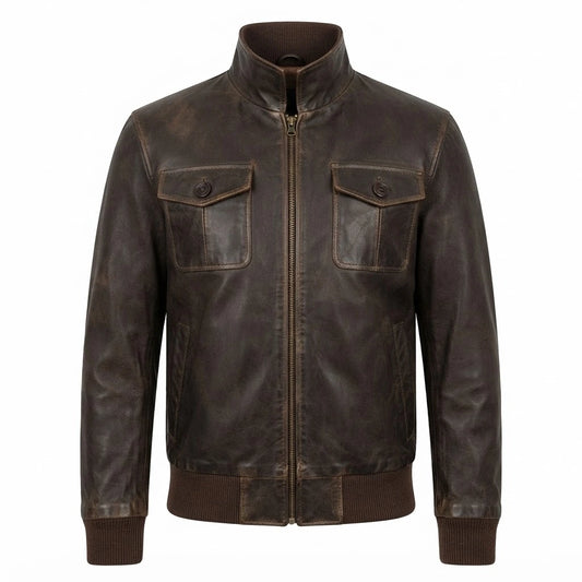 Aaron Brown Classic Leather Bomber Jacket front view featuring genuine distressed brown leather, stand collar, full front zipper, and dual chest flap pockets   
