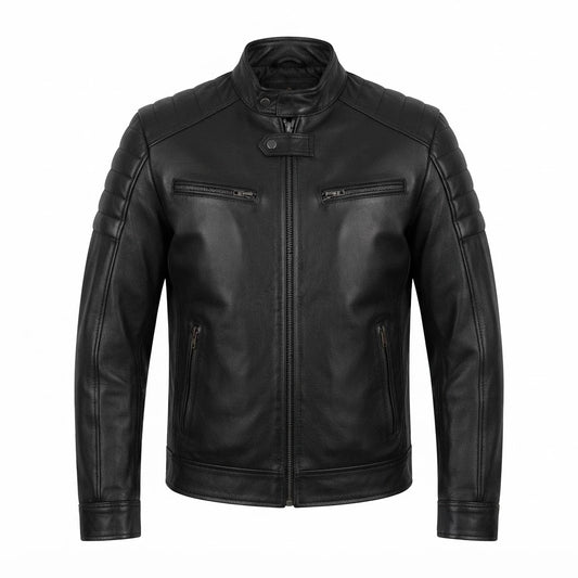 Aaron Paul Breaking Bad Premium Leather Jacket front view featuring black genuine leather, quilted shoulders, and zip pockets