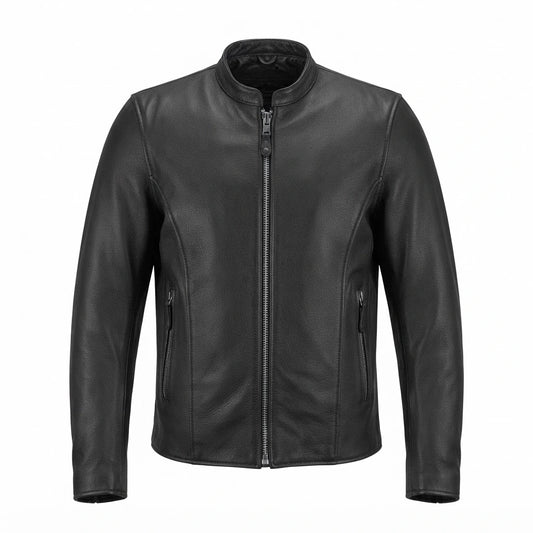 Ace Men’s Classic Leather Motorcycle Jacket front view featuring mandarin collar, minimal front paneling, and central metal zipper