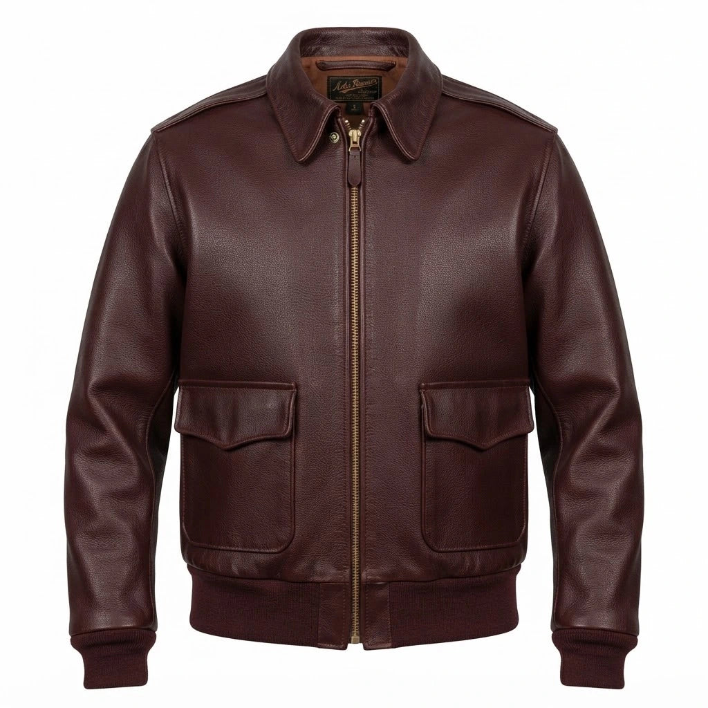 Air Force A-2 RAAF Flight Leather Jacket front view featuring genuine dark brown leather, shirt collar, snap epaulets, dual patch pockets, and ribbed trim