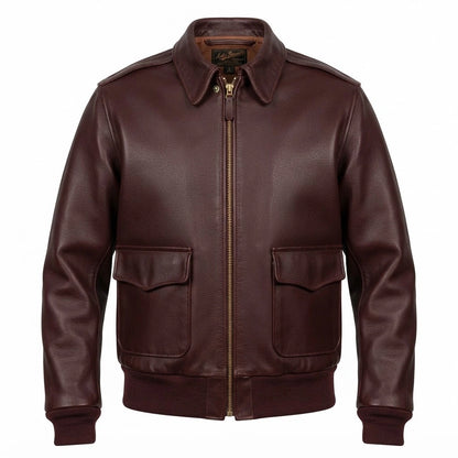 Air Force A-2 RAAF Flight Leather Jacket front view featuring genuine dark brown leather, shirt collar, snap epaulets, dual patch pockets, and ribbed trim