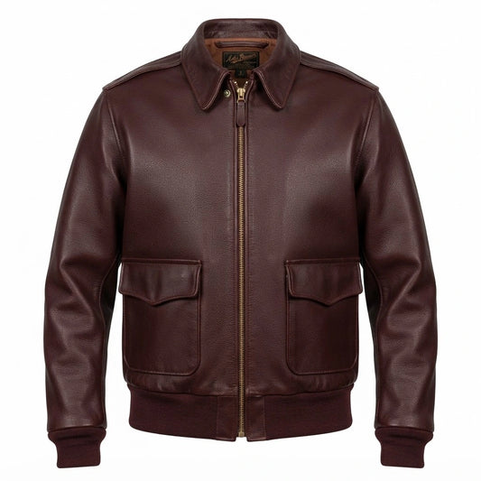 Air Force A-2 RAAF Flight Leather Jacket front view featuring genuine dark brown leather, shirt collar, snap epaulets, dual patch pockets, and ribbed trim